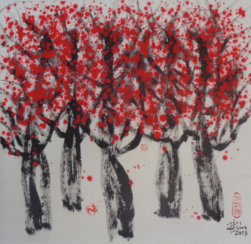 Yi Zheng Lin, Fünf Bäumchen mit roten Blüten